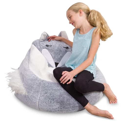 Image of Posh Creations Cute Soft and Comfy Bean Bag Chair for Kids, Large, Animal - Silver Fox