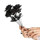 ramo de rosas negras artificiales Este ramo está compuesto por 6 rosas negras de plástico que viene unidas formando un ramillete., Con ellas podrás completar tu disfraz de novia cadáver y darle el toque final a tu disfraz en la noche de Halloween.