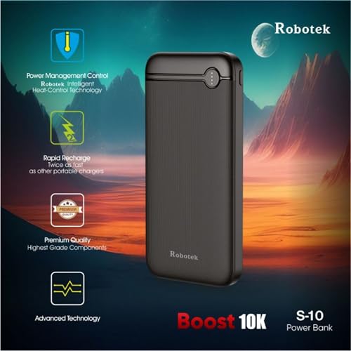 Image of ROBOTEK 10000mAh Power Bank with 12W Fast Charging | Quick Charge 3.0 | Li-Polymer Power Bank | Dual Input Type C & Micro USB | Dual Output USB Type A | for iPhone, Android Phone, Tablet