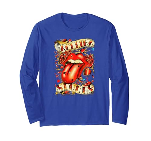 Image of Official Rolling Stones Old School Rose Tattoo Vintage Rock Long Sleeve T-Shirt, Adult Unisex, Royal Blue, Large