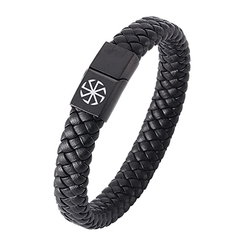 KBNSUIAN Stilvolles Slawisches Kolovrat Symbol Leder Armband mit Magnetverschluss, Sawische Rad Sonnen Amulette Maskottchen Armreif, Heidnischer Slawischer Schmuck zum Schutz,7,28 Zoll Cover