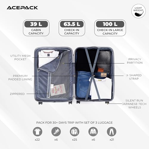 Image of ACEPACK Carbon 78 cm Large Check-in Size Hard-Sided Luggage Trolley Bag - Lightweight & Durable Polypropylene Suitcase with Anti-Theft Zipper & Number Lock for Travel (28) (Silver)