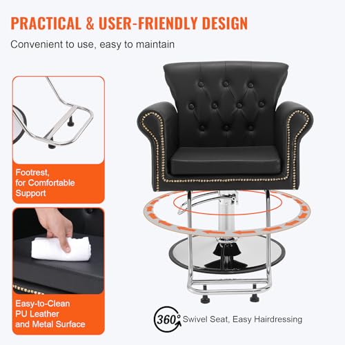 VEVOR Friseurstuhl 150 kg Gewichtskapazität Friseursessel aus Schwamm PU Holzplatte Eisen Bedienungsstuhl höhenverstellbar Barbersessel 360° drehbar Barberstuhl Friseureinrichtung 98 x 77 x 90,5 cm