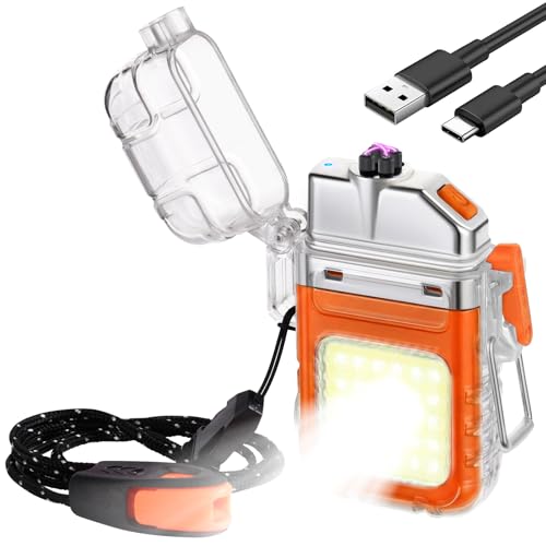 Vicloon Accendino Impermeabile 3 Modalità, Accendino Ricaricabile Dual Arc Plasma, Antivento Impermeabile Elettrico Plasma con Fischietto di Emergenza e Cordino per Campeggio (Arancione)