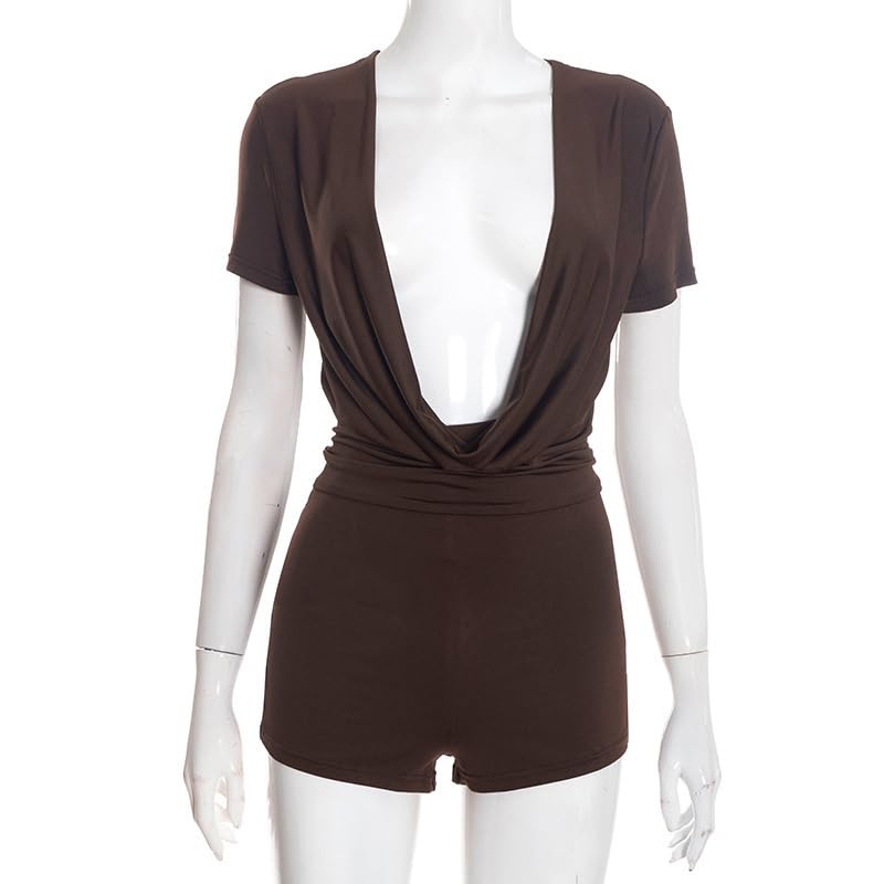 Image of Molilove Sexy Romper for Women Short Sleeve Deep V Neck Bodycon Short Jumpsuit One Piece Y2K Party Clubwear