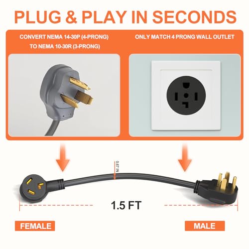 3 Prong to 4 Prong Dryer Adapter, 1.5FT Dryer Plug Adapter 3 to 4 Prong Outlet Cord Converter, NEMA 14-30P to 10-30R 10AWG Copper Wire 30A 250V Flexible DIY Dryer Connector for Home Laundry