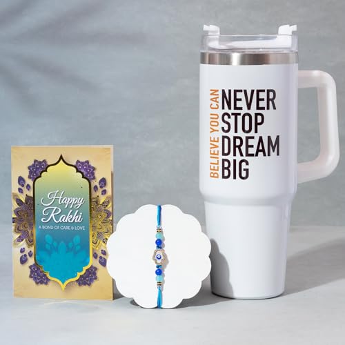 Image of To The Nines Rakhi Gift Set for Brother - Rakhi With Tumbler With Handle Straw & Lid, Tilak Material & Greeting Card
