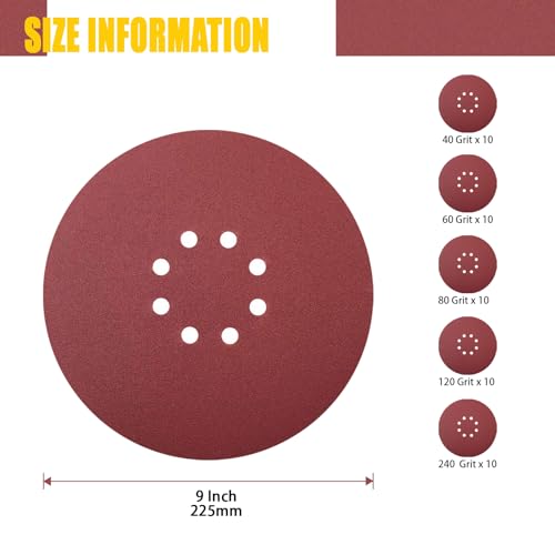 CUBEWAY Schleifpapier 225mm Klett, Schleifscheibe 50 Stück (10xP40 60 80 120 240 Körnung) 225mm Schleifscheiben 8 Loch großen Schleifteller für Trockenbauschleifer