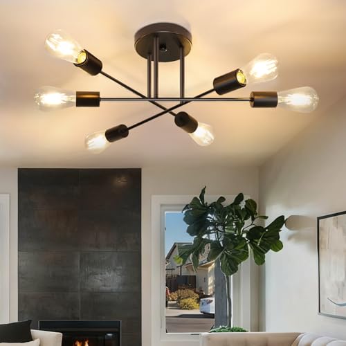 CBJKTX Deckenlampe Wohnzimmer Deckenleuchte Vintage Schwarz E27 Flurlampe 6 Flammig Retro Küchenlamâ€¦ – Miniatur