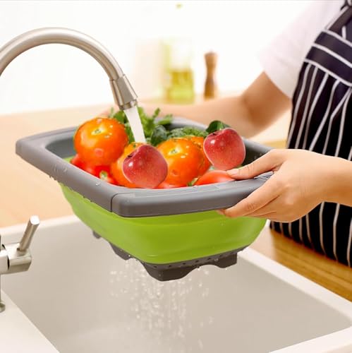 Image of KRESHU Silicone Collapsible Kitchen Colander Strainer | Food Colander with Extendable Handles | Perfect for Draining Pasta, Vegetables, and Fruits - Over the Sink Strainer (23.5Inch, Pack of 1)