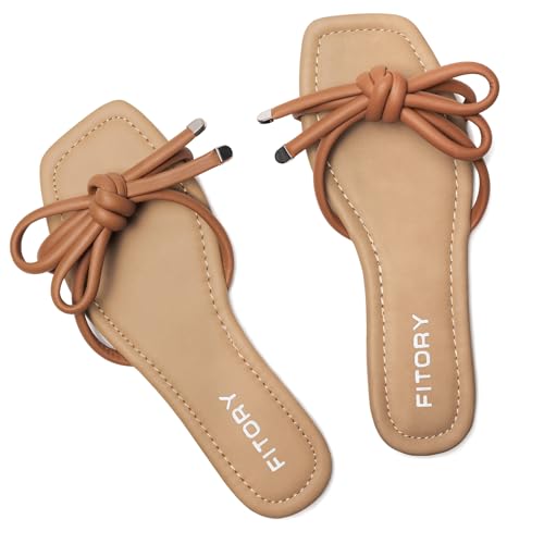 FITORY Women's Flat Sandals Square Open Toe Thong with Cute Knot for Summer Size 6-11