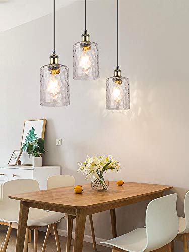 WENFENG 3-Light Pendant Lighting, Adjustable Hanging Light Fixtures, Flush Mount Ceiling Chandelier, Water Ripple Glass Shade E26 Bronze Base, for Kitchen Island Hallway Dinning Room - Thumbnail 5