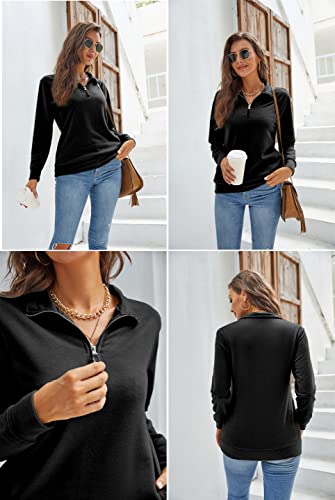 Samefar Women Winter Sweatshirt Tunics High Neck Long Sleeve Solid Basic 1/4 Zip Fleece Pullover Tops Black X-Large #TOP3