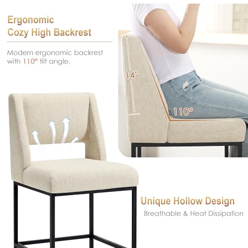 Image of Zesthouse Upholstered Counter Height Stools Set of 2, Linen Fabric Bar Stools with Backs, 26 inch Modern Counter Height Chairs for Kitchen Island, Luxury Metal Barstools with Extra Thick Cushion, Beige