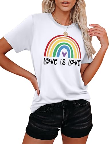 Damen Pride Shirts LGBT Tshirt Regenbogenherz Grafik T-Shirt Gay Pride Tee Kurzarm Tops (Weiß-d,L)