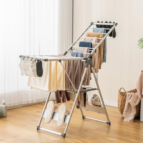 Giantex Clothes Drying Rack, 2-Layer Aluminum Foldable Laundry Drying Rack with 5-Level Adjustable Height, 21 Drying Rails, 10 Side Clips, 4 Shoe Holders, Space Saving Collapsible Laundry Drying Rack