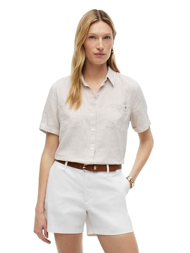 Tommy Hilfiger Women's Regular Linen Short Sleeve Button Up Shirt,
