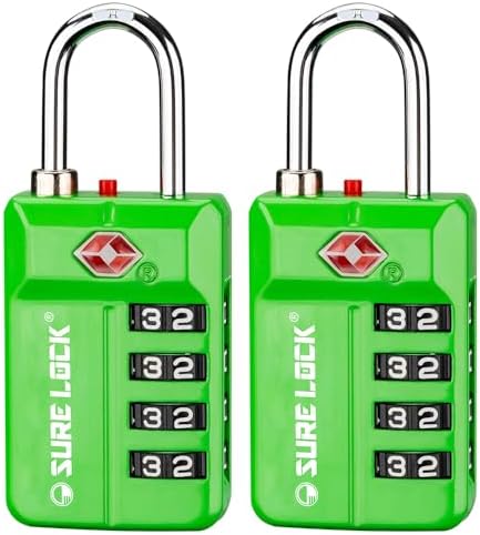 SURE LOCK TSA Approved Travel Luggage Locks, Open Alert Combination Lock for School Office & Gym Locker,Toolbox, Pelican Case,Easy Read Dials- 1, 2 & 4 Pack (1, Green 2 Pack)