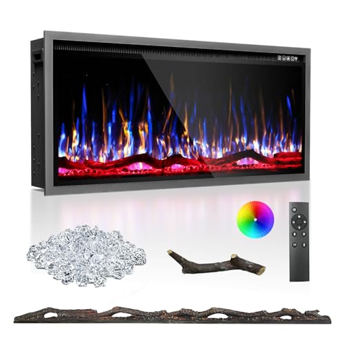 BREEZEHEAT 42 Inch Electric Fireplace-Recessed & Wall Mounted Linear Fireplace-750/1500W Heater w/Temperature Control, Log & Crystal Options, Adjustable Flame, Remote Control