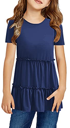 Image of Haloumoning Girls Crew Neck T Shirts Peplum Babydoll Tops Tees 4-15 Years | Girls T-Shirts, Casual Loose Tunic Tops, Cute Ruffle T Shirts, Short Sleeve Shirts, Long Sleeve Blouse