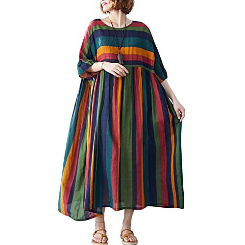 Mingzhe Vestido feminino de algodão de linho vintage listrado estampa oco meia manga pocekt plus siz