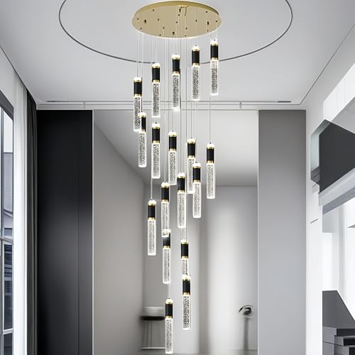 BAMDECOR LT01 Modern Bar 18-Lights Black and Gold Crystal Modern Led Chandelier for Dining Room, Luxury Dimmable Enterway Led Pendant Lights Fixture with Remote Control Flush Mount