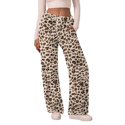 Ivicoer Women's Warm Fleece Pajama Pants Fluffy Plush Cute Printed Elastic Waist Winter Warm Soft Pj Bottoms Leopard-white Large