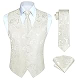 HISDERN 3PC White Vest Paisley Beige Formal Floral Waistcoat Jacquard Necktie Pocket Square Classic Mens Suit Vests Waistcoat Gatsby Wedding Party