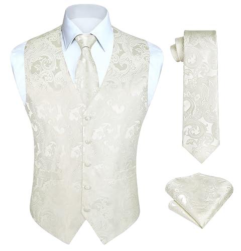 HISDERN 3PC White Vest Paisley Beige Formal Floral Waistcoat Jacquard Necktie Pocket Square Classic Mens Suit Vests Waistcoat Gatsby Wedding Party
