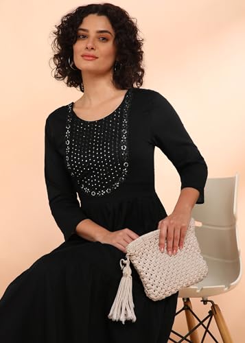 Image of Maaesa Women Embroidered Cotton Flared Dress