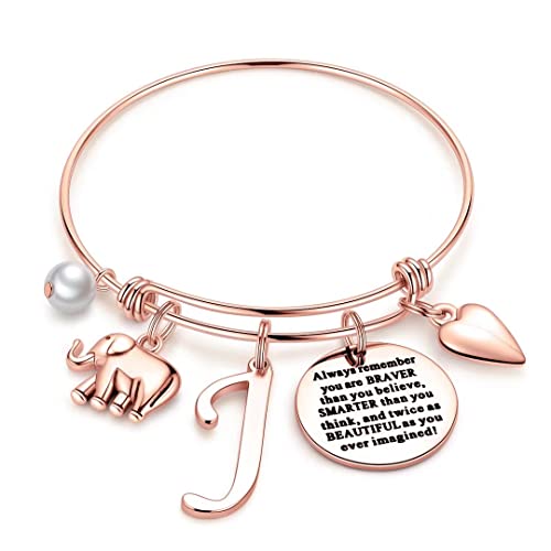 Elephant Gifts for Women Girls, Letter J Initial Elephant Bracelets for Women Elephant Jewelry, You are Braver than You Believe Inspirational Bracelet Thinking of You Gifts for Women Friends Birthday