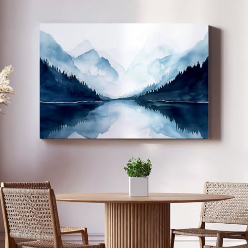 Image of Indianara Mountain Lake Landscape Canvas Art Painting, Blue, 45.72 cm x 68.58 cm, for Living Room, Bedroom, Office
