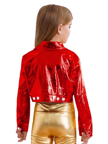 Image of Kids Girls Shiny Metallic Motorcycle Jacket PU Faux Leather Long Sleeve Hip Hop Jazz Dance Crop Top Coat Outwear