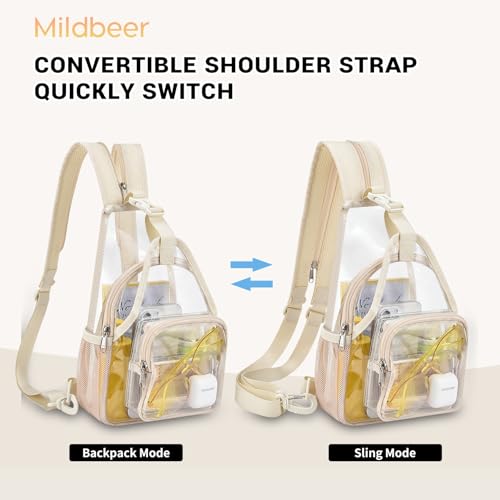 Image of Mildbeer Womens Convertible Clear Backpack, Compact Concert Beige Mini | Convertible PVC sling /shoulder bag for women. Fits phone, cards & lipstick. Ideal for festivals & commute. Stadium compliant