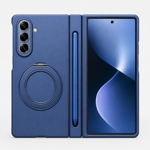 Image of amazon basics Armor Case for Samsung Galaxy Z Fold 8 Ultra with 360 Rotating Ring Stand, Built-in Screen Protector, Hinge Protection, and Included Stylus Pen (Matte Blue)