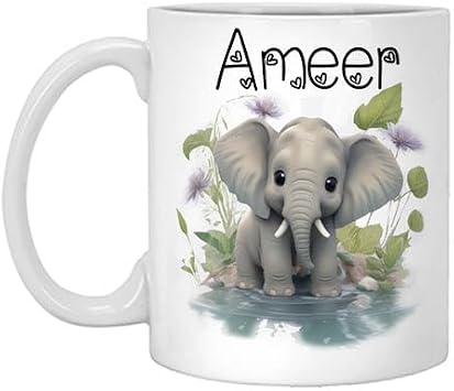 Baby Elephant Personalized Coffee Mug, Custom Watercolor Mug with Name, Gift for Boy, Birthday Gift for Him Name Ameer 11oz White Mug Elephant Name Boy, Mug for Kids 435493