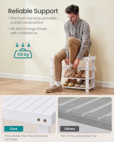 Image of SONGMICS Bamboo Shoe Bench with Seat, 11.3 x 27.6 x 20.5 Inches | Entryway Organizer for Bedroom, Cloud White, Bambou Collection ULBS370W101