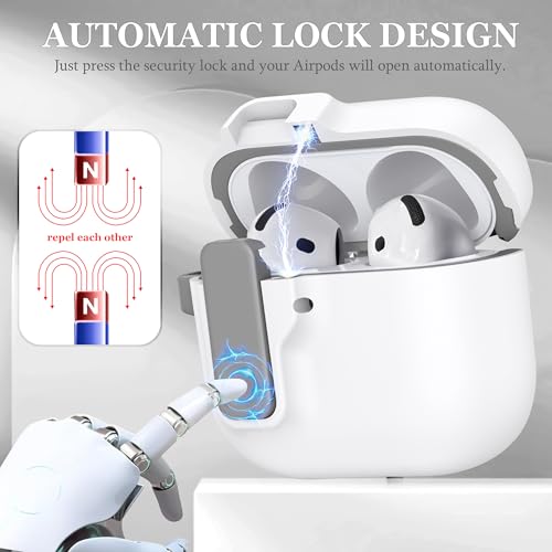 Compatible with AirPods 4 Case with Lock, AirPods 4th Generation Case, Auto Pop-Up Lid Locking Full Protection Cover with Lanyard for Girls White