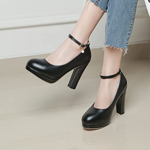 VOKLIN Women's Round Toe Platform Chunky Block High Heel Pumps Ankle Strap Party Dress Mary Janes Pump Shoes 5
