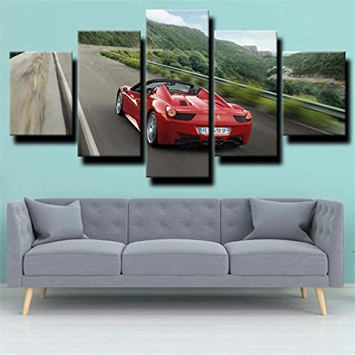 Tableau multi panneau 5 parties voiture sport rouge décoration murale sur toile encadrée YUANJUN