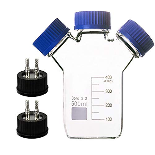 DONLAB MBA-01L2 Borosilicate Glass 1000ml 3-Neck Round Reagent Bottle Media Bottle Jar with Two SUS 316 S-2-Through Cap GL45