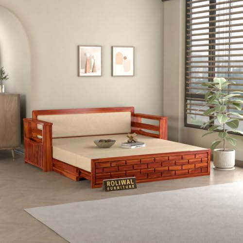 Image of Solid Sheesham Wood Sofa Cums Bed with Mattress & Storage | Rosewood Convertible Sofa Bed for Living Room & Bedroom (E-Honey, 3 Seater)
