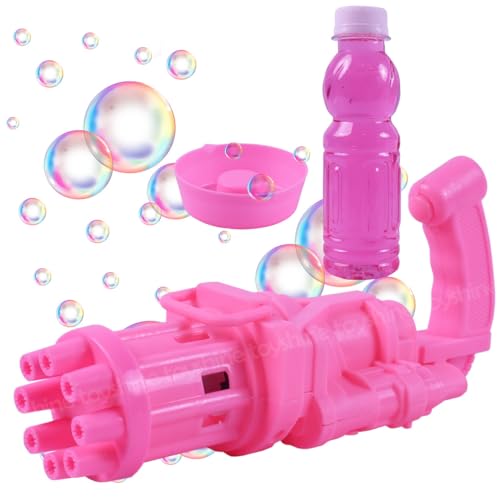 Image of Toyshine 8 Hole Electric Bubbles Gun Gatling Bubble Machine Toy with Scoup Bottle for Children Party Favors Outdoor & Indoor Activity for Boys Girls 3 Years and Above (Pink)