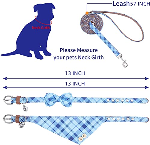 Choieo Bow Tie Dog Collar And Leash Set W. Adjustable Dog Bandana, Cute Collar W. Removable Bowtie & Silver Bell, Classic Plaid Pattern, Fit For Small Dogs, Puppies And Cats (Blue) #TOP3