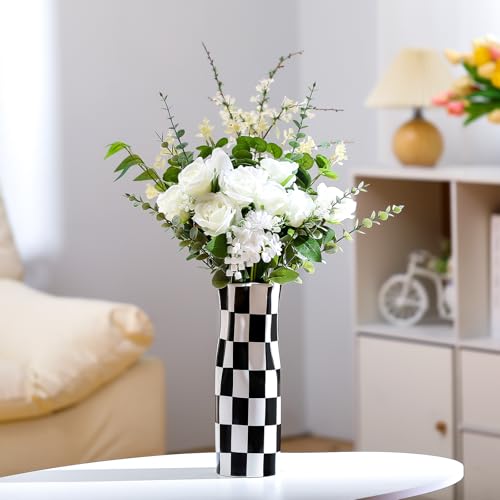 Ninehaoou Black and White Checkered Vase Large 11.25 Inch Height Modern Checkered Decor Ceramic Black and White Flower Shaped Decorative Vase for Office, Bedroom, Home Decor