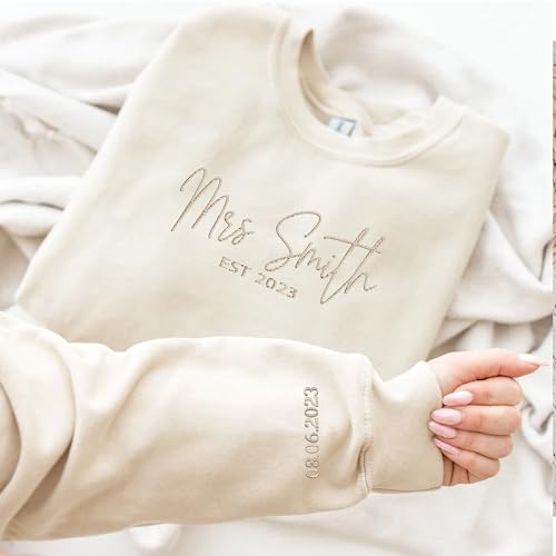 GodLover Custom Embroidered Mrs Sweatshirt, Future Mrs Hoodie, Bride Sweatshirt - Custom Last Name & Date On Sleeve - Engagement Gift, Bachelorette Party Gift3