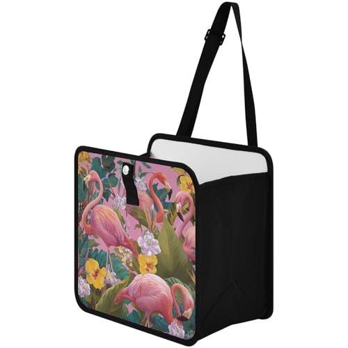 Image of Car Trash Can Organizer Bin with Adjustable Strap for Back Front Seat Console Waterproof Leakproof Collapsible Portable 8.66 Inch Pink Romantic Tropical Flamingo and Plants
