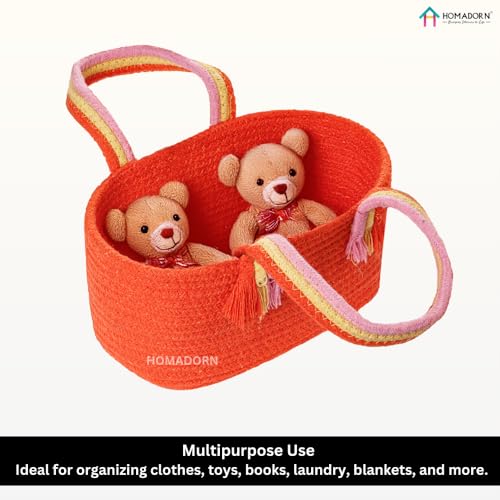 Image of HOMADORN Cotton Storage Basket with Sturdy Handles - Foldable, Durable, and Stylish Organizer for Toys, Clothes,Gifting and Home Essentials (ORANGE)
