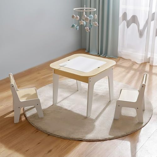 Danube Home Kinder 1+2 Kids Table With Storage and Chair Set | Arts And Crafts Desk | Modern Wooden Kids Table Set For Nursery Room L60xW60xH49.5cm - White & Oak