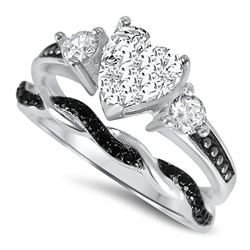 LaRaso & Co His and Hers 3 Piece Trio Sterling Silver Black Wedding Band Engagement Ring Set 10/103